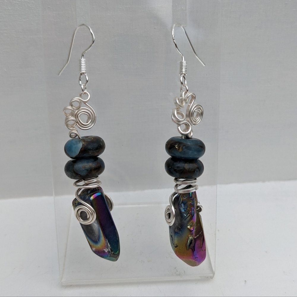Quartz Crystals & Impression Jasper Silver Earrings Handmade Artisan Wrapped - Picture 9 of 10